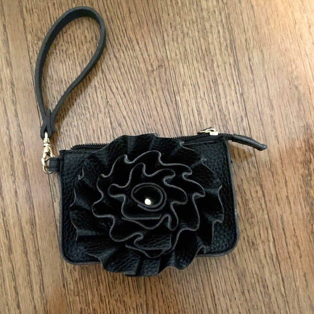 Jazzd - Black Wristlet Wallet with "Ruffle" 3D Floral Design | ~5 x 3.75